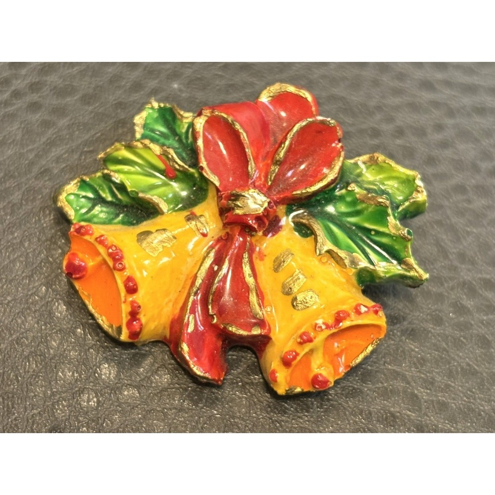 Vintage Signed West Germany Christmas Bells Bow Hand Painted Brooch Pin Holly
